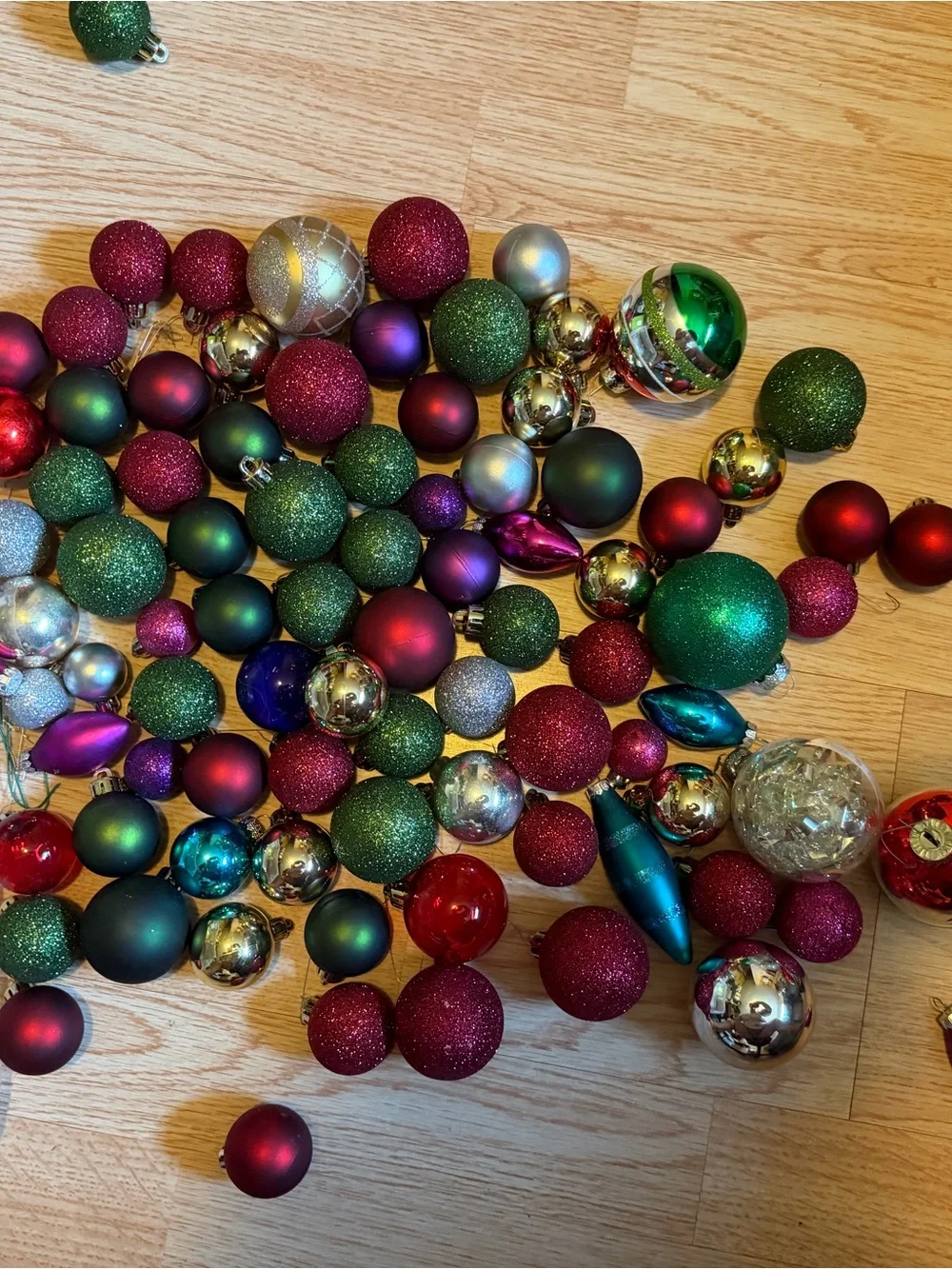 Assorted Glass Christmas Ornaments - Red, Green, Gold, Silver, Purple